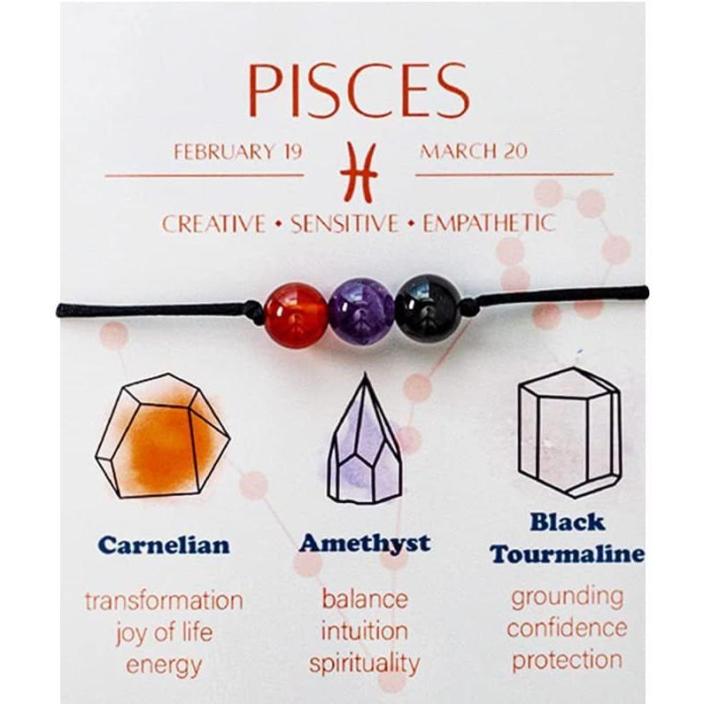 Zodiac Bead Bracelets - 3 Polished Birthstone Crystal Beaded Bracelets - Made of Real & Natural Gemstones, Adjustable 3-9.7” Black Rope - Jewelry for Men, Women, Teens, Kids - 8mm Beads