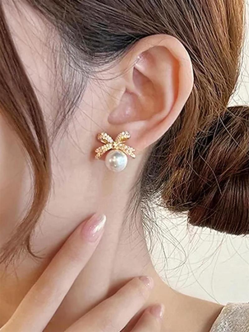 Summer Faux Pearl & Rhinestone Decor Bow Design Dangle Earrings, Elegant Jewelry for Women for Party, Daily Clothing Decor, Trendy Jewelry As Gift