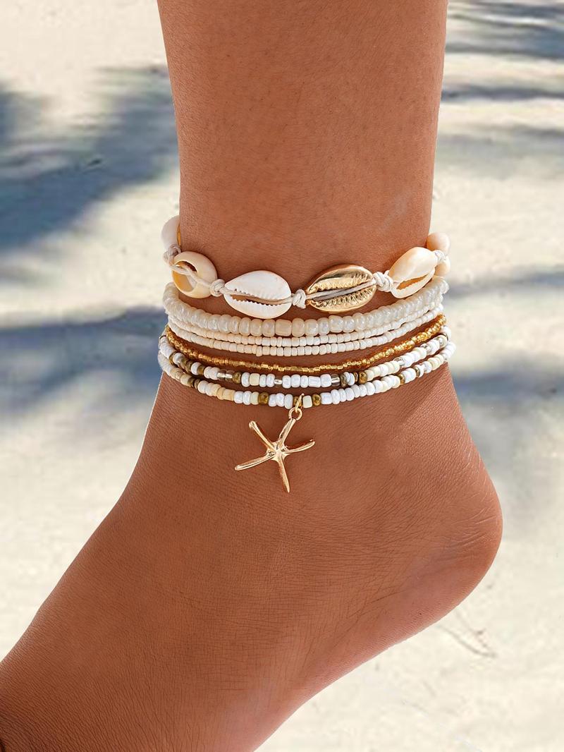 Shell & Star Decor Beaded Anklet, Fashionable Faux Pearl Decorated Anklet for Women & Girls, Style for Birthday Gift Back To School