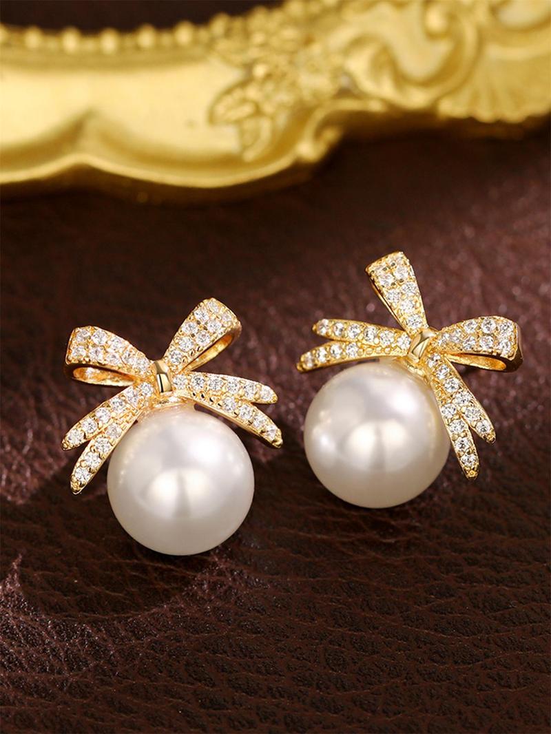 Summer Faux Pearl & Rhinestone Decor Bow Design Dangle Earrings, Elegant Jewelry for Women for Party, Daily Clothing Decor, Trendy Jewelry As Gift
