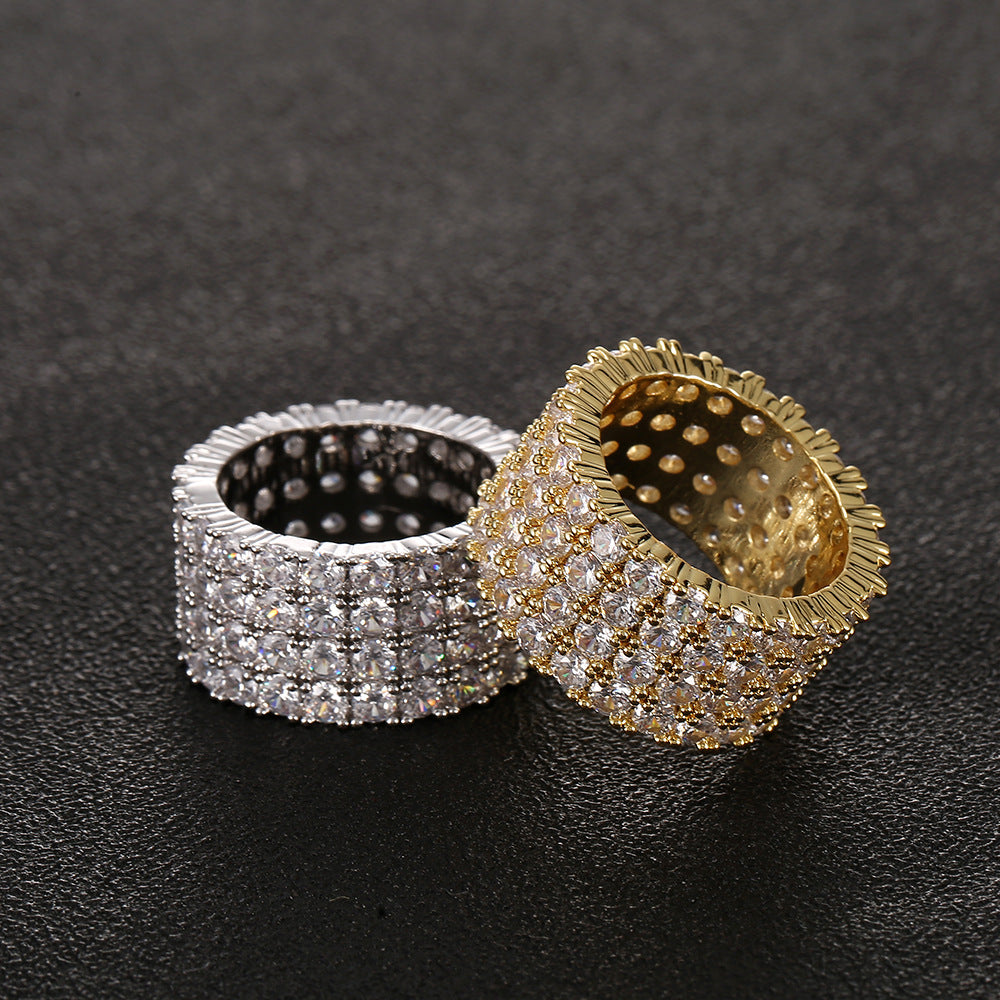 Fashion Copper Micro Paved Zircon Ring Men's Hip Hop Ring Four Rows Diamond Ring