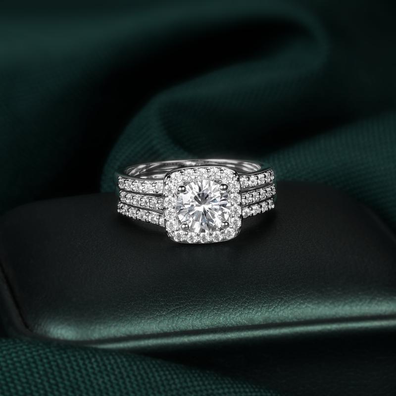 1.5 CT Round Cut Classic Three-in-One 3 Pieces Set Halo Wedding Engagement Promise Eternity Ring for Women R-0969