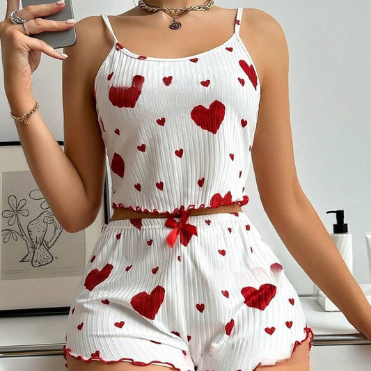 Knitted Ribbed Heart - printed Homewear Set for Women -Sweet Camisole and Shorts, Pure and Innocent Pajamas. Great for Cozy Weekends Pink Pastel