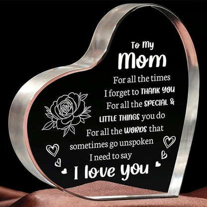 Heart Shaped Acrylic Block, Flower & Letter Pattern Decorative Ornament, Inspirational Creative Gift for Mom