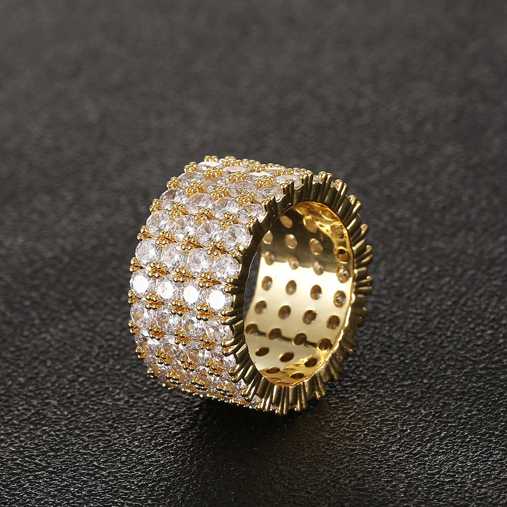 Fashion Copper Micro Paved Zircon Ring Men's Hip Hop Ring Four Rows Diamond Ring