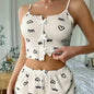Heart-shaped Print Contrast Color Design Front Placket Split Suspender Sweet and Comfortable Pajama Set