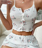 Heart-shaped Print Contrast Color Design Front Placket Split Suspender Sweet and Comfortable Pajama Set