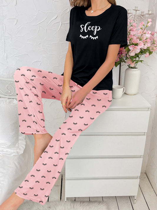 Ladies' Homewear, Milk Silk All - Over Letter Print, Short - Sleeve Top & Long Pants Pajamas Set, Soft & Comfy, Ideal for Relaxing Evenings