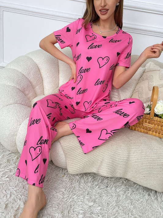 Milk Silk Homewear Set, All - Over Love Heart Print, Short - Sleeve Top & Long Pants, for Ladies, Cozy & Stylish, Perfect for Everyday Wear at Home, A Charming Choice for Women