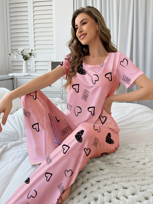 Women's Loungewear, Pink Heart - shaped Pajama T - shirt and Long Pants, Comfortable and Casual Set. Perfect for Lazy Days