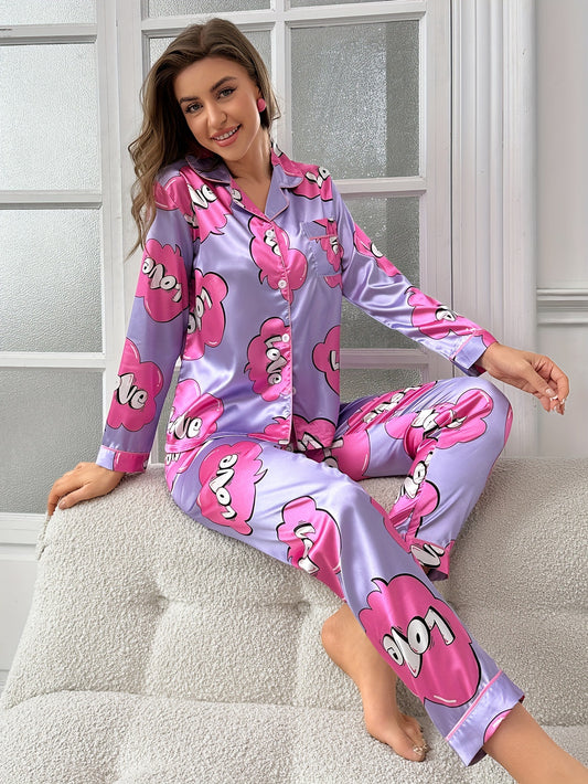 Mixed - color Ice Silk Letter - printed Women's Loungewear Pajamas, Long - sleeved Set, Casual and Comfortable. Ideal for Home Relaxing