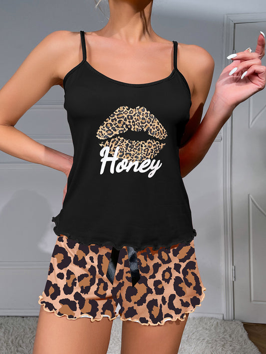 Sexy Lip - printed Summer Leopard - print Camisole and Shorts, Women's Loungewear Pajamas. Trendy and Comfortable, Great for Summer Nights
