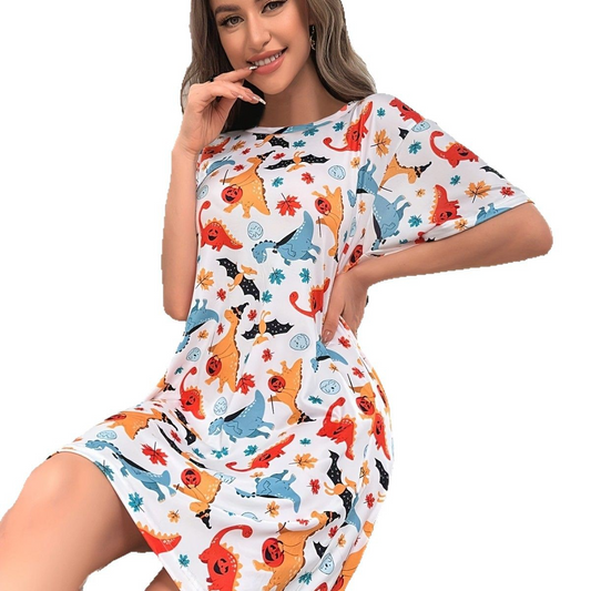 Printed dinosaur round-neck mid-length loose home dress. Comfortable for casual days