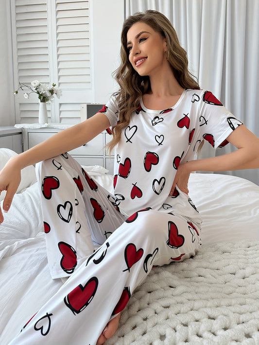 Summer comfortable milk silk short-sleeve & long-pants set with heart prints. Soft, breathable homewear for stylish women