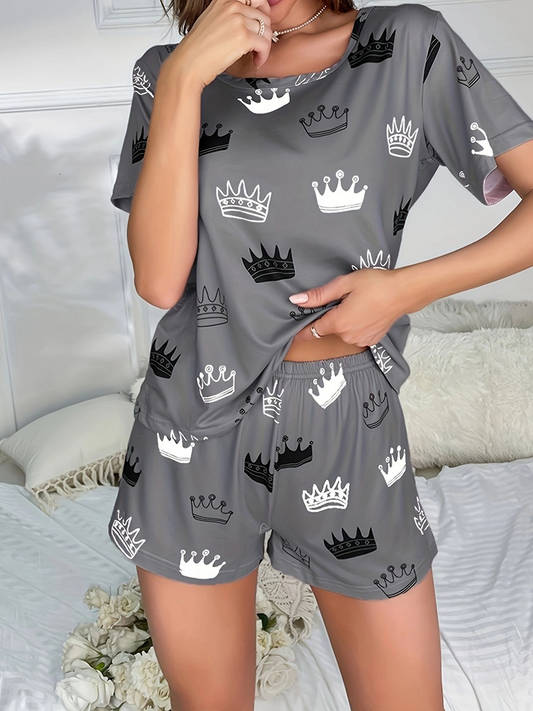 Crown Printed Short Sleeve Comfortable and Casual Homewear Set for Women. Made of Milk Silk Pajamas. Comes with an Eye Mask! Perfect for a Good Night's Sleep. A Must - have for Home Relaxation