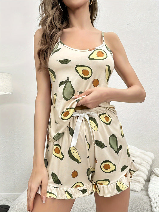 Sexy Sling and Shorts Avocado - Themed Pajama Set for Women, Ideal Summer Loungewear