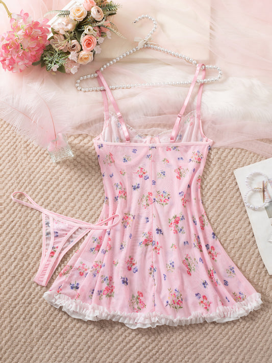 Sexy pajamas lace perspective printing seduction nightdress thong two-piece suit for women, romantic night date gift