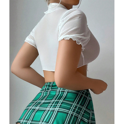 European and American Cross-Border Trade Sexy Lingerie Passionate Temptation Uniform Top Plaid Skirt Thong Three-Piece Set