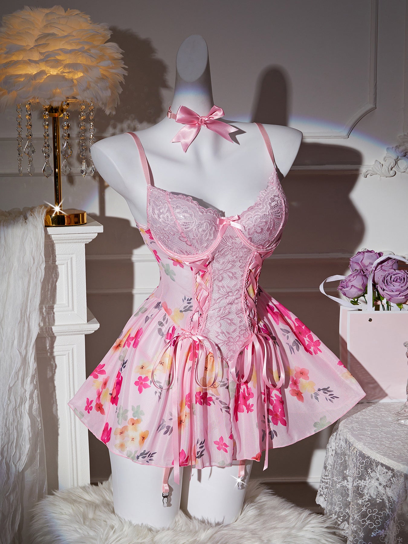 Sexy lingerie lace perspective temptation hollow floral skirt Valentine's Day uniform suit