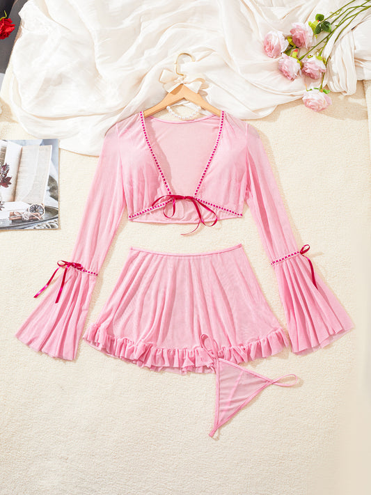 Sexy lingerie perspective seduction passion uniform top short skirt thong three-set room