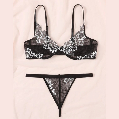 French Style Black Lace Hollow-out Bra Set with Steel Underwire and Semi-Transparent Design