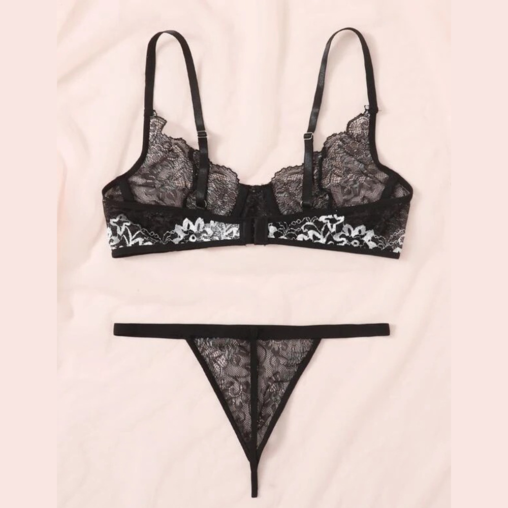 French Style Black Lace Hollow-out Bra Set with Steel Underwire and Semi-Transparent Design
