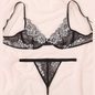 French Style Black Lace Hollow-out Bra Set with Steel Underwire and Semi-Transparent Design