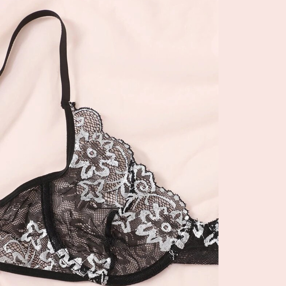 French Style Black Lace Hollow-out Bra Set with Steel Underwire and Semi-Transparent Design
