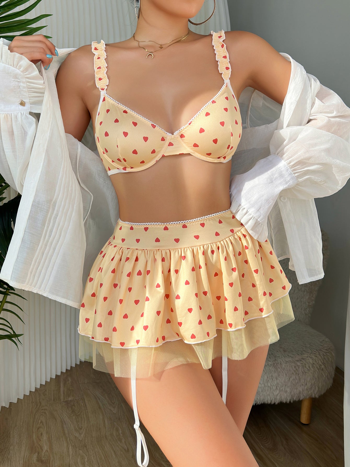 Heart Print Temptation Set with Mesh Bra, Skirt, and Thong
