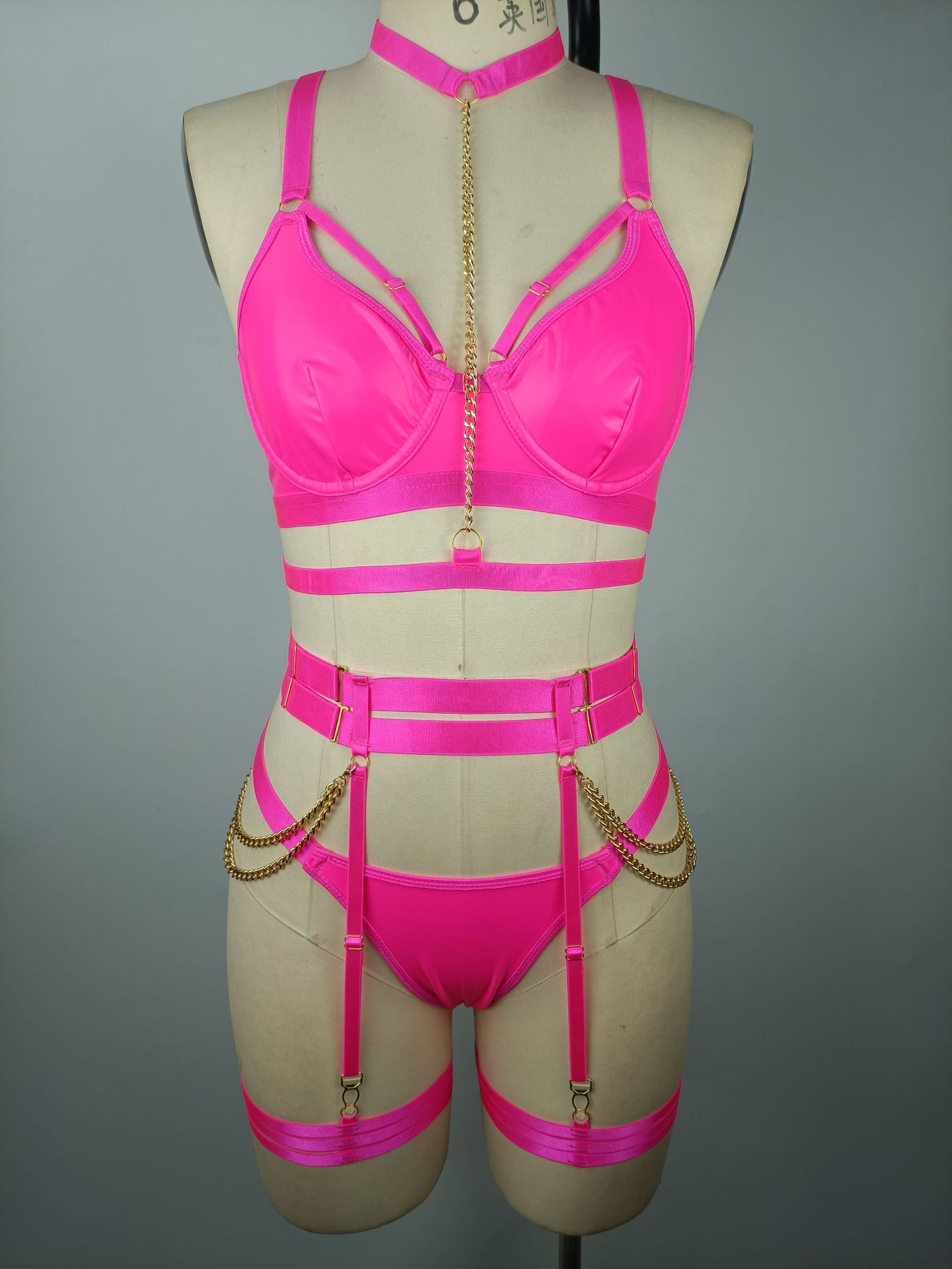 Plus Size PU Strap and Chain Temptation Uniform Set for Women