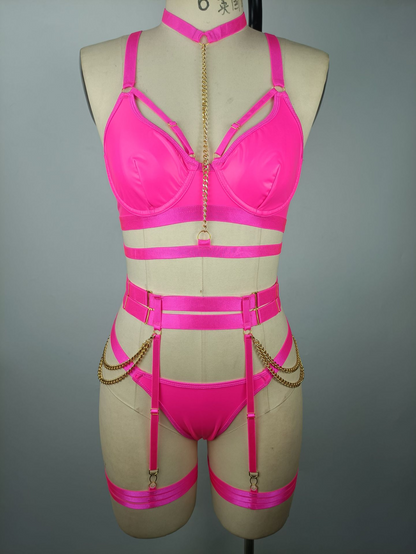 Plus Size PU Strap and Chain Temptation Uniform Set for Women