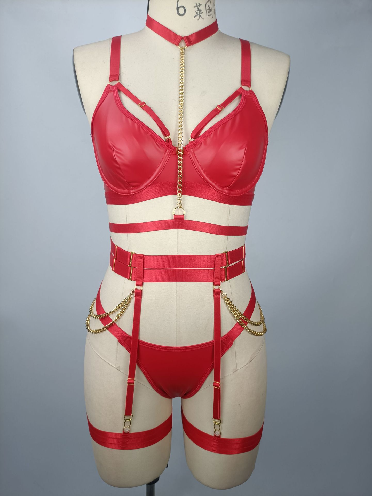 Plus Size PU Strap and Chain Temptation Uniform Set for Women