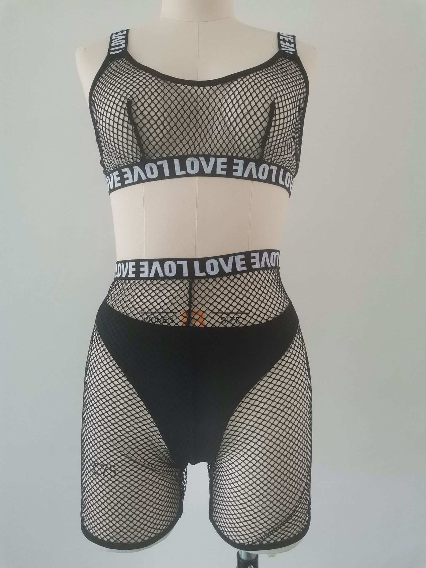 Lace Hollow-out Mesh Temptation Set with Letter Print for Women