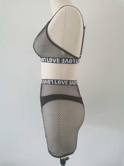 Lace Hollow-out Mesh Temptation Set with Letter Print for Women