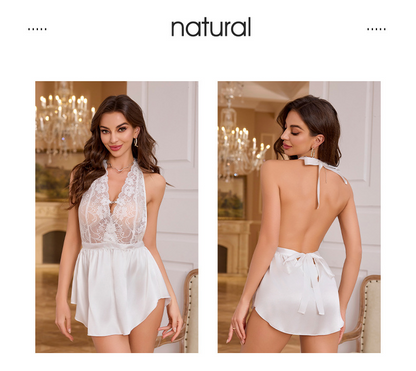 Summer Women's Erotic Pajamas Halter, Open - Back, Lace Sling Sexy Short Nightdress Gift for Her, Trendy Festival Item