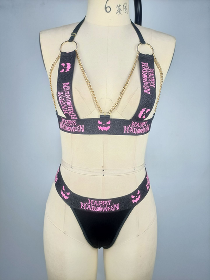 Halloween Special! Sexy Metal Chain and Letter-Print Lingerie Set with Passionate Uniform for Women