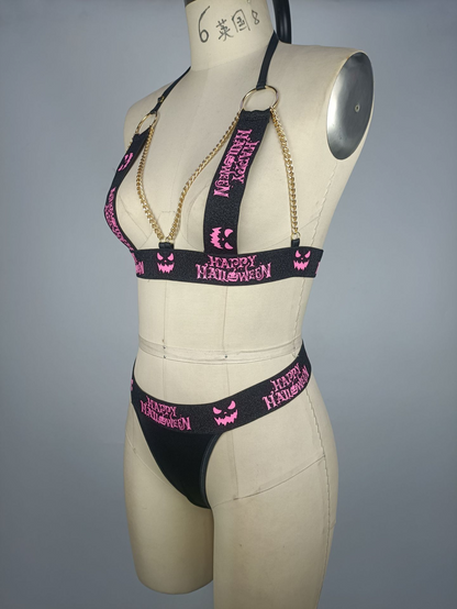 Halloween Special! Sexy Metal Chain and Letter-Print Lingerie Set with Passionate Uniform for Women