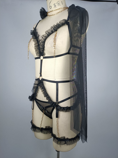 Sexy Metal and Open-Cup Lingerie Set with Passionate Uniform for Women