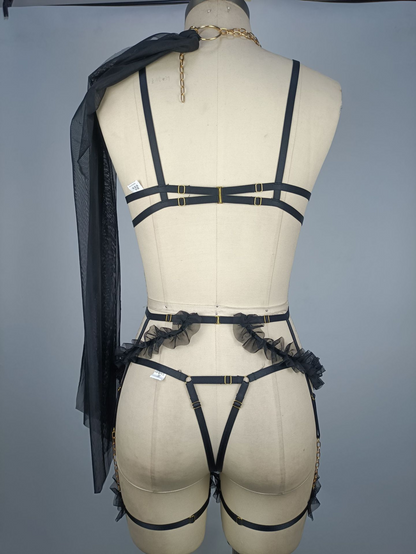 Sexy Metal and Open-Cup Lingerie Set with Passionate Uniform for Women