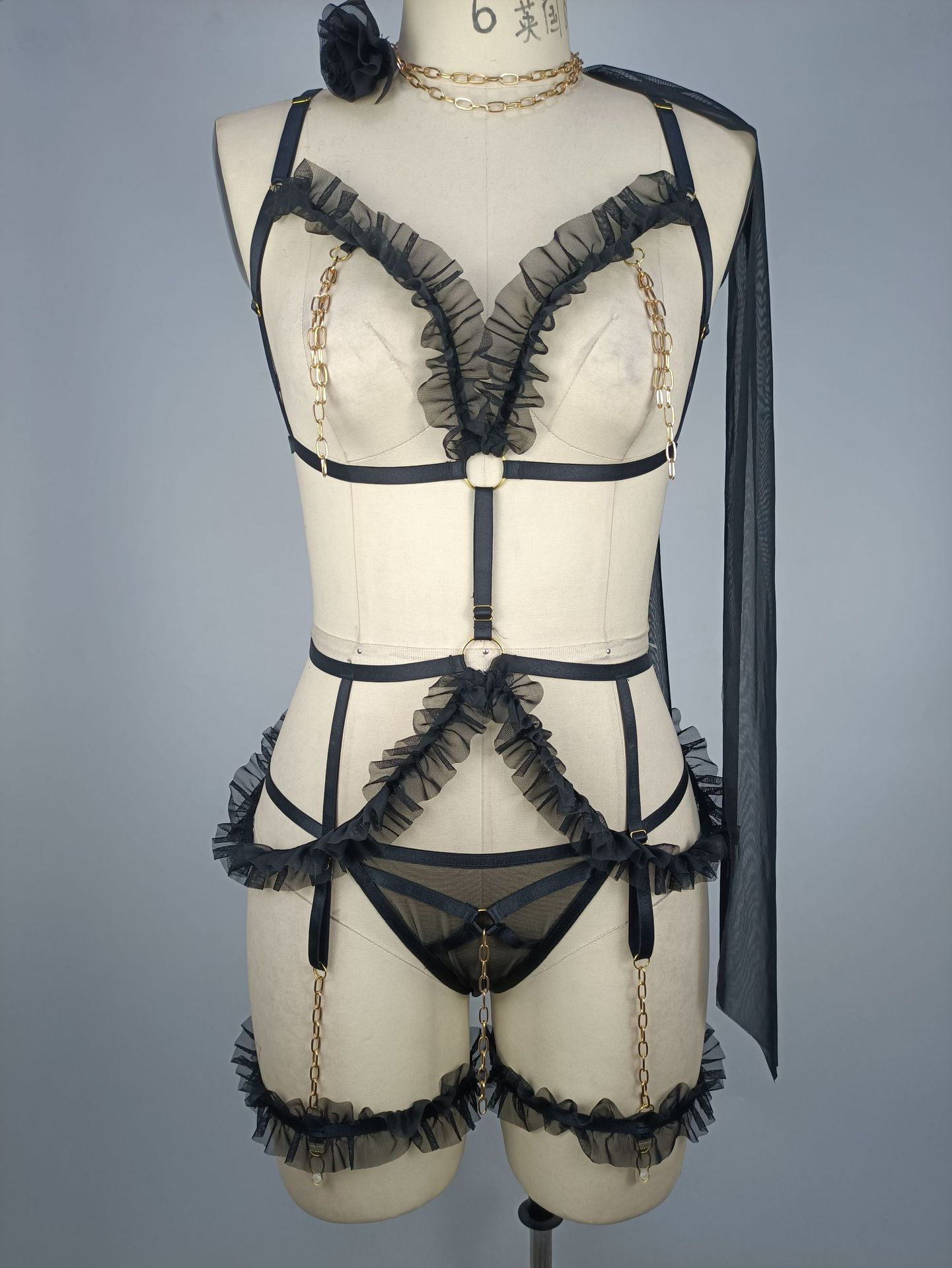 Sexy Metal and Open-Cup Lingerie Set with Passionate Uniform for Women