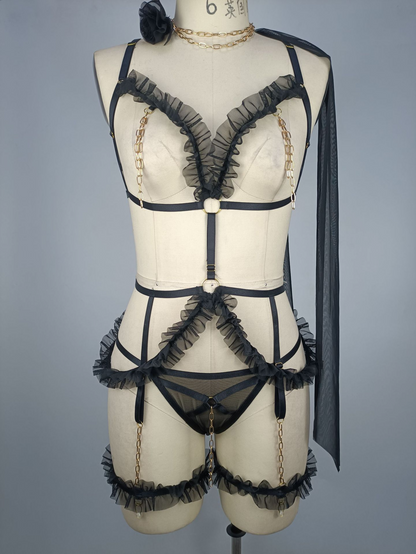 Sexy Metal and Open-Cup Lingerie Set with Passionate Uniform for Women