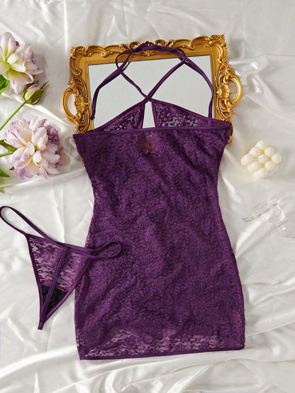 Sexy Nightclub-Style Lace and See-Through Nightgown and Thong Set |   2-Piece Lingerie Set for Women