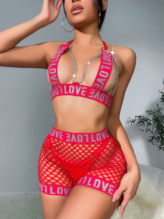 New Arrival! Sexy Fishnet Lingerie Set with See-Through and Letter Print Uniform for Women