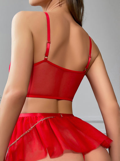 Sexy Lingerie Set with Lace, Chain, and See-Through Skirt, Thong, and Bra | 3-Piece Set for Women