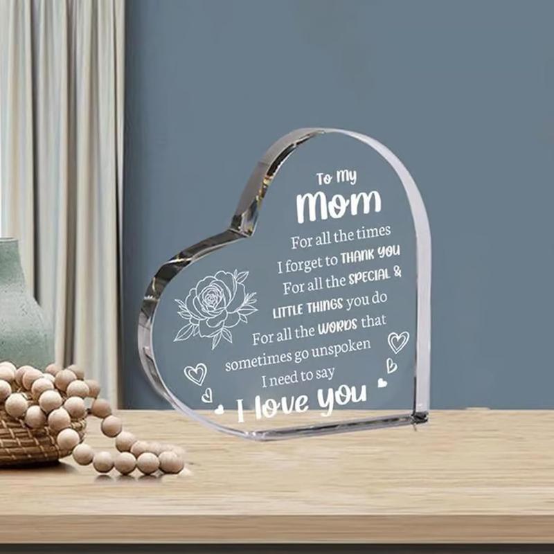 Heart Shaped Acrylic Block, Flower & Letter Pattern Decorative Ornament, Inspirational Creative Gift for Mom