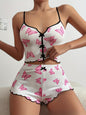 Sexy Printed and Color - blocked Home Wear Set. The Sling - strap Pajama Set Features a Front - slit Design Womenswear Lingerie Comfort