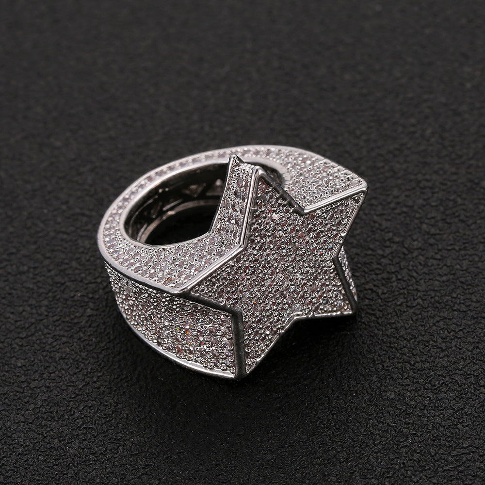 Full Diamond Micro Inlaid Zircon Pentagram Ring Men's Ornament