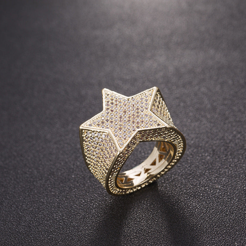 Full Diamond Micro Inlaid Zircon Pentagram Ring Men's Ornament