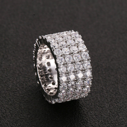 Fashion Copper Micro Paved Zircon Ring Men's Hip Hop Ring Four Rows Diamond Ring