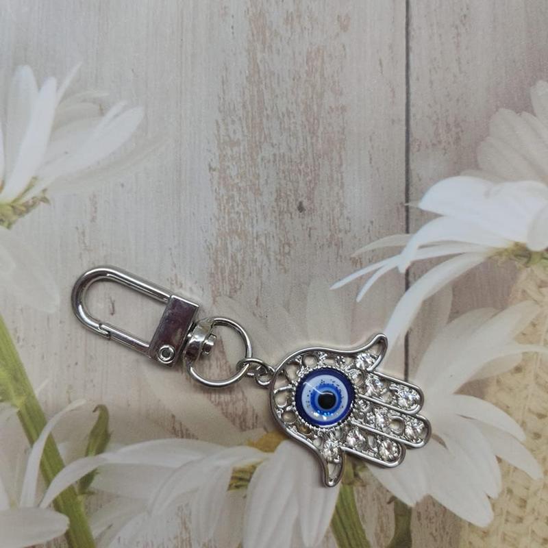 Crystal Evil Eye Hamsa Key Ring Chain, Rhinestones Charm Fatima Hand Keychain for Handbag Purse Pendant with Clip, Car Rearview Mirror Ornament Keyring Jewelry (Silver)